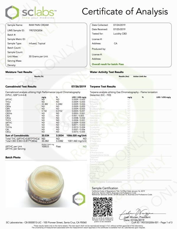 Lucidity_Raw Pain Cream_1000_COA